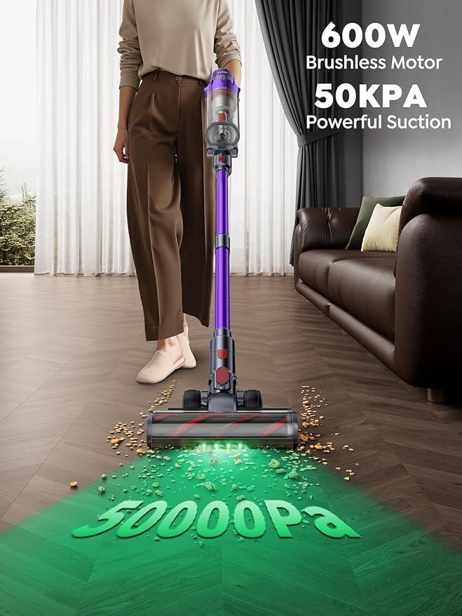 Cordless Vacuum Cleaner, 600W 50KPA 65 Mins Runtime Vacuum Cleaners for Home, Stick Vacuum with Self-Standing, Wall Mount Charging and Intelligent Auto Mode, Handheld Vacuum for Pet Hair/Carpet/Floor - NeatNest