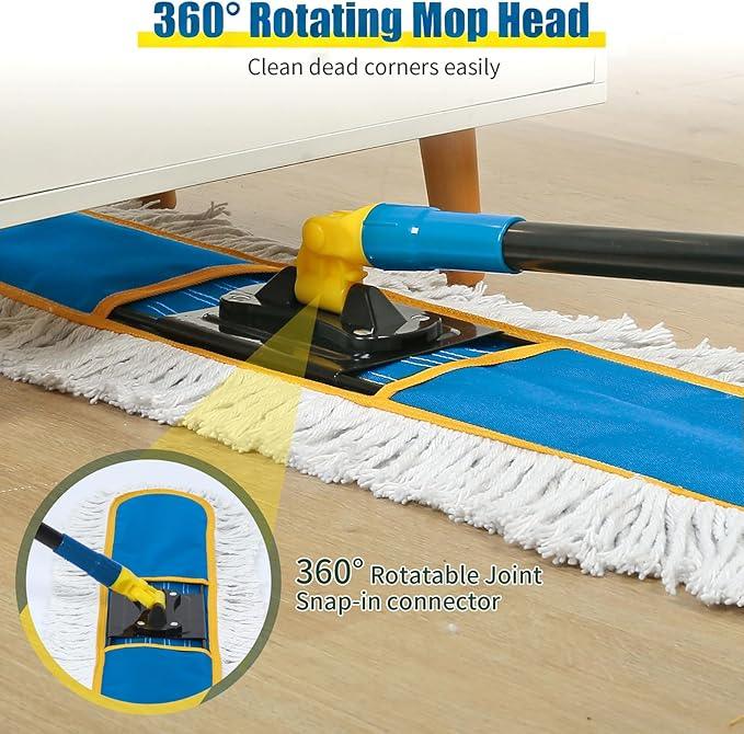 24" Commercial Dust Mop for Floor Cleaning, Heavy Duty Large Industrial Floor Duster with 2 Cotton Mops Pads, Wet Dry Mops for Hardwood Floors,Concrete,Marble,Laminate,Tile,Garage,Blue - NeatNest