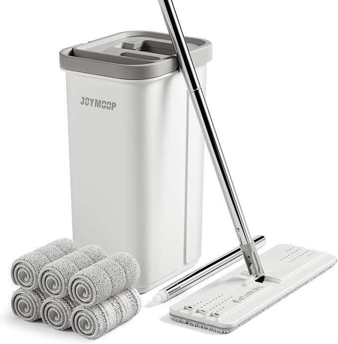 JOYMOOP Mop and Bucket with Wringer Set, Hands Free Flat Floor Mop and Bucket, 60" Mop with 6 Reusable Microfiber Pads, Wet and Dry Use, Floor Cleaning System - NeatNest