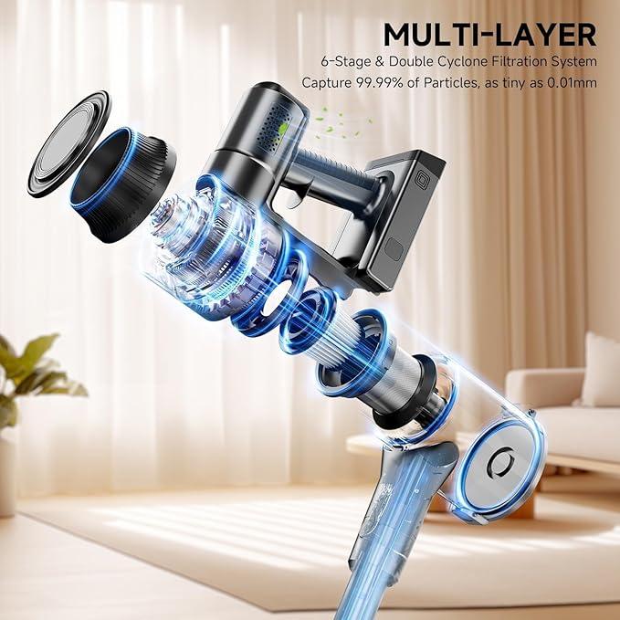 Cordless Vacuum Cleaner, 35Kpa Vacuum Cleaner for Home, 45Mins Stick Vacuum with LED Display, Anti-Tangle & Wall Mount Charging, 6 in 1 Lightweight Vacuum for Hard Floors, Carpet, Pet Hair (black) - NeatNest