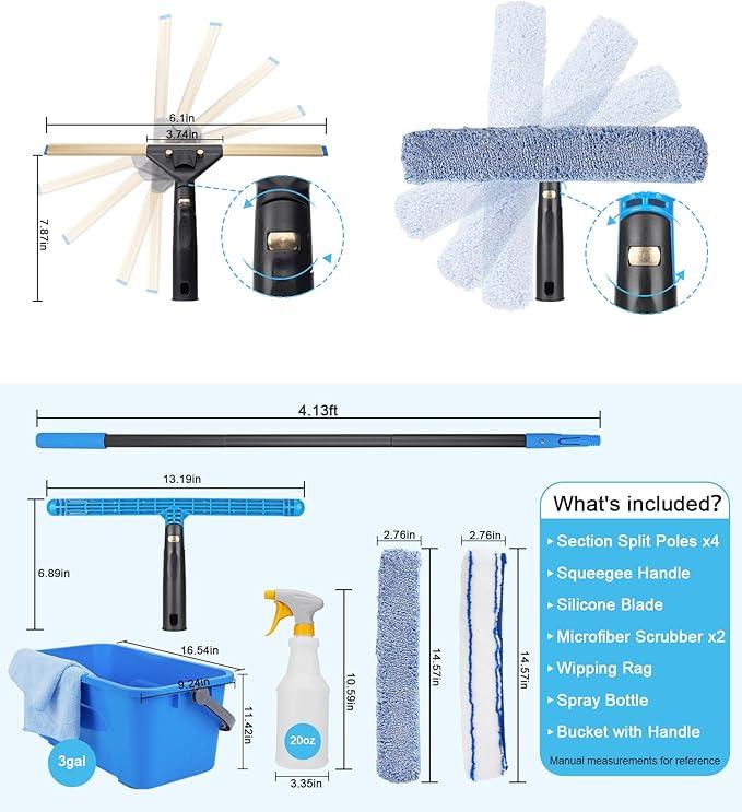 Window Cleaning Kit with Storage Bucket, Window Squeegee with 4.13ft Extension Pole, Scrubber, Spray Bottle,Duster Cloth, Squeegee with Rotating Head, Professional Window Cleaning Tools - NeatNest