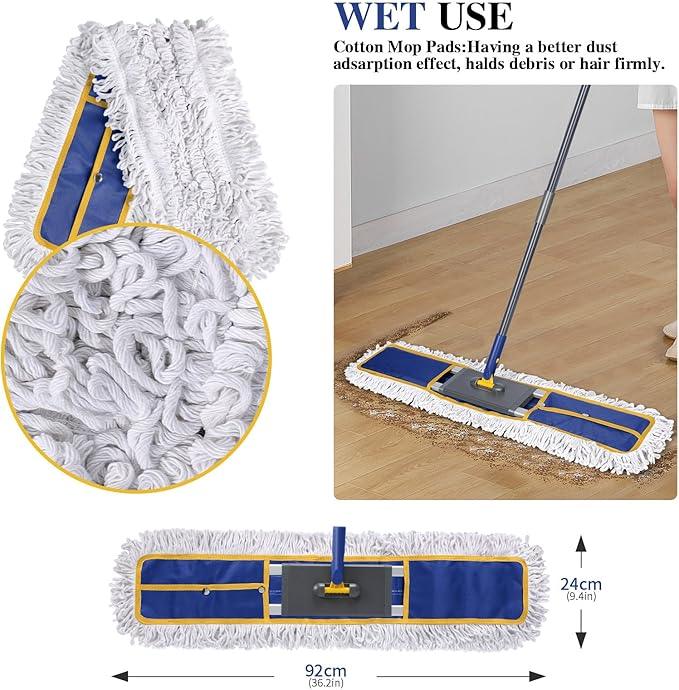 36" Commercial Mop for Floor Cleaning, Masthome Heavy Duty Industrial Mop with 3 Pads, Professional Microfiber Mops with 60'' Long Handle,Large Dust Mops for Office Garage Warehouse Factory Mall(Blue) - NeatNest