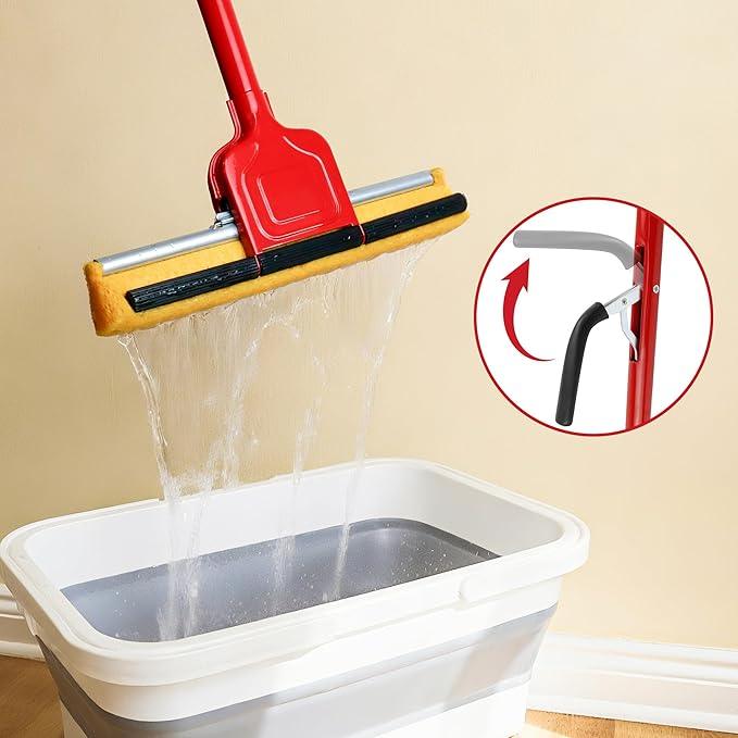 Compressed Cellulose Sponge Mop with 2 Roller swop mop Heads and 1 Bucket Suitable for Wood, Ceramic Tiles and Other Flat and Smooth Floors(1 Handle with 2heads and 1 Bucket) - NeatNest