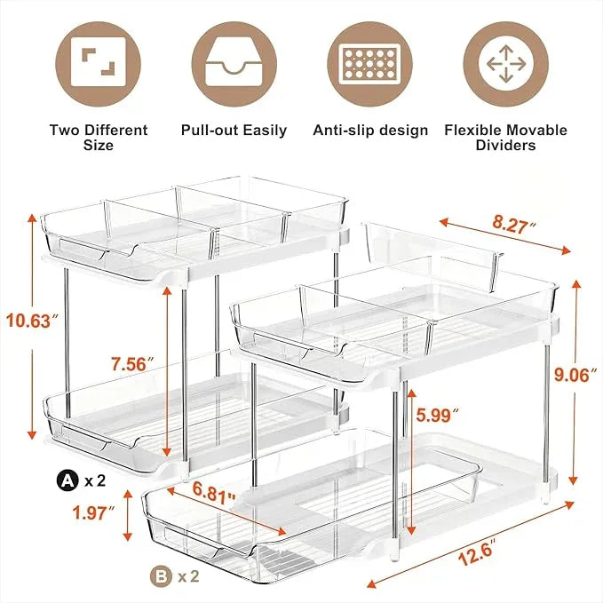 Delamu 2-Tier Multi-Purpose Bathroom Under Sink Organizers and Storage, Stackable Kitchen Pantry Organization, Pull Out Medicine Cabinet Organizer with Movable Dividers, White, 4Pack - NeatNest
