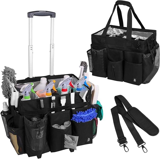 Extra Large Rolling Cleaning Caddy Bag with Detachable, Foldable Trolley Portable Cleaning Cart for Housekeeping Cleaning Caddy with Adjustable Shoulder Strap and Multiple Storage Pockets - NeatNest