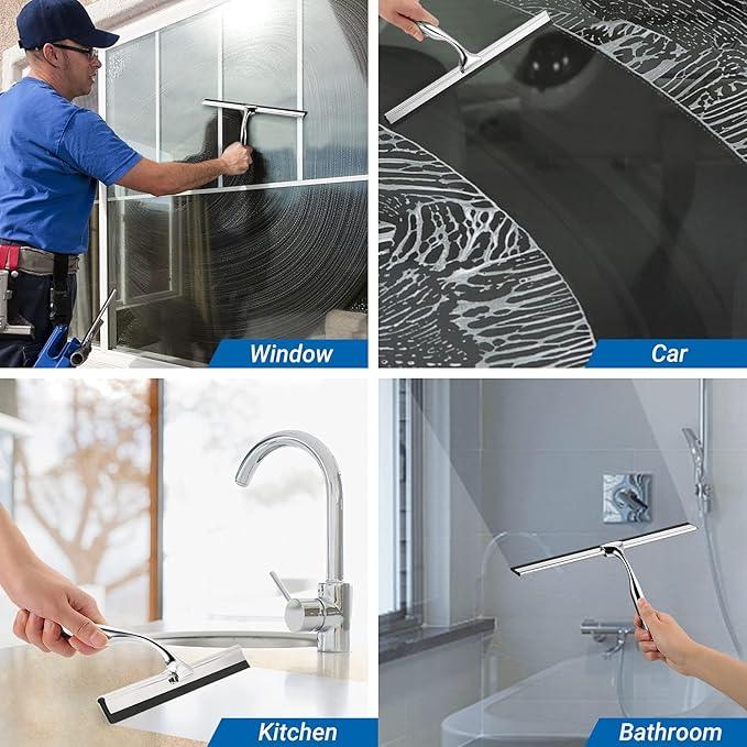ecooe Stainless Steel Shower Squeegee with Hook, 12″ Shower Glass Cleaner Wiper Scraper with 2 Replacement Blade Window Squeegee for Home Bathroom Kitchen Car Glass Doors - NeatNest