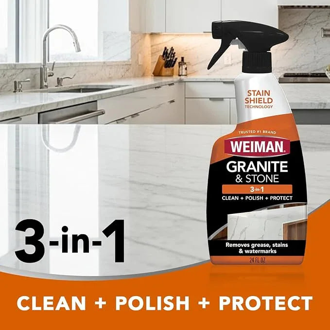 Weiman Complete Countertop Clean & Protect Kit - For Granite, Marble, Quartz & Stone - Granite & Stone Cleaner and Polish - 24 oz, Granite & Stone Sealer -24 oz - NeatNest