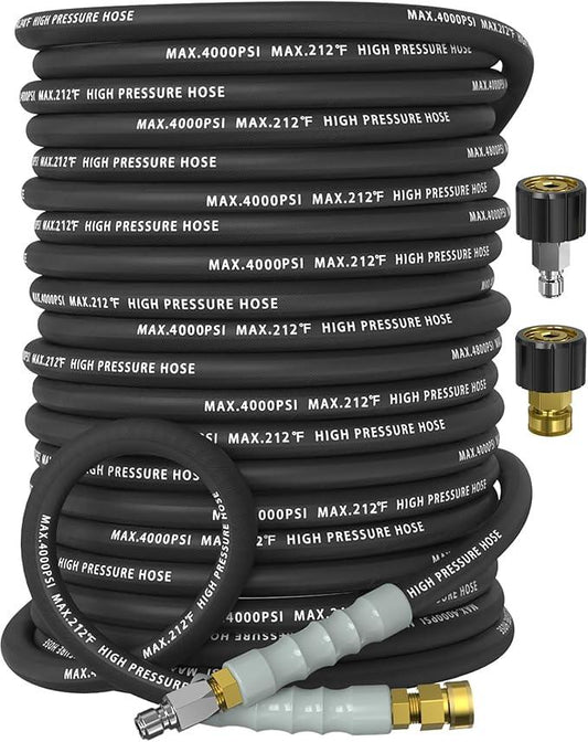 Pressure Washer Hose 150FT 4000 PSI, Kink Resistant Steel Braided Layer & NonMarking Rubber for Hot/Cold Water, High Power Washer Hose With 3/8 Inch Quick Connect & M22 Fitting, Black - NeatNest