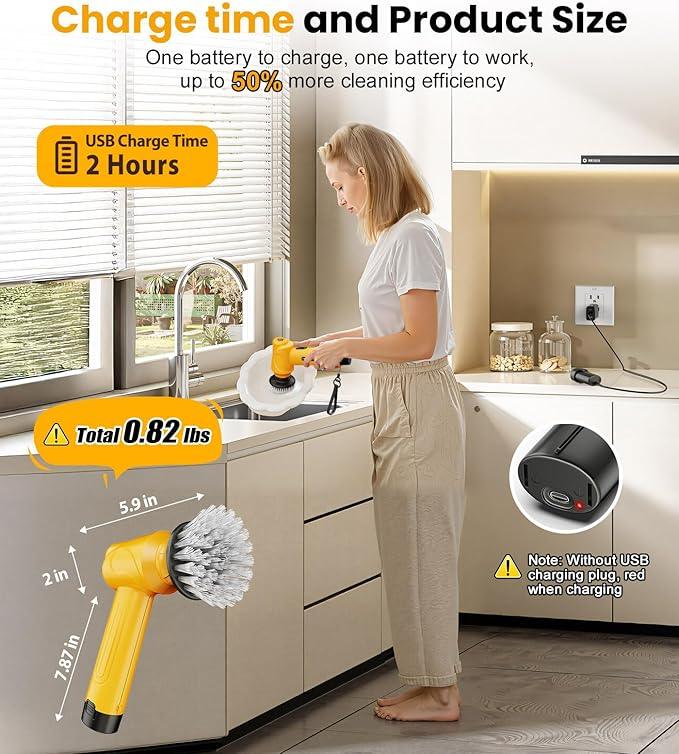 qimedo 5000mAh Battery Electric Spin Scrubber Q4, Handheld Scrubber for Cleaning with Display, Power Dish Scrubber with 5 Heads, Shower Cordless Cleaning Brush Gifts for Mom - NeatNest