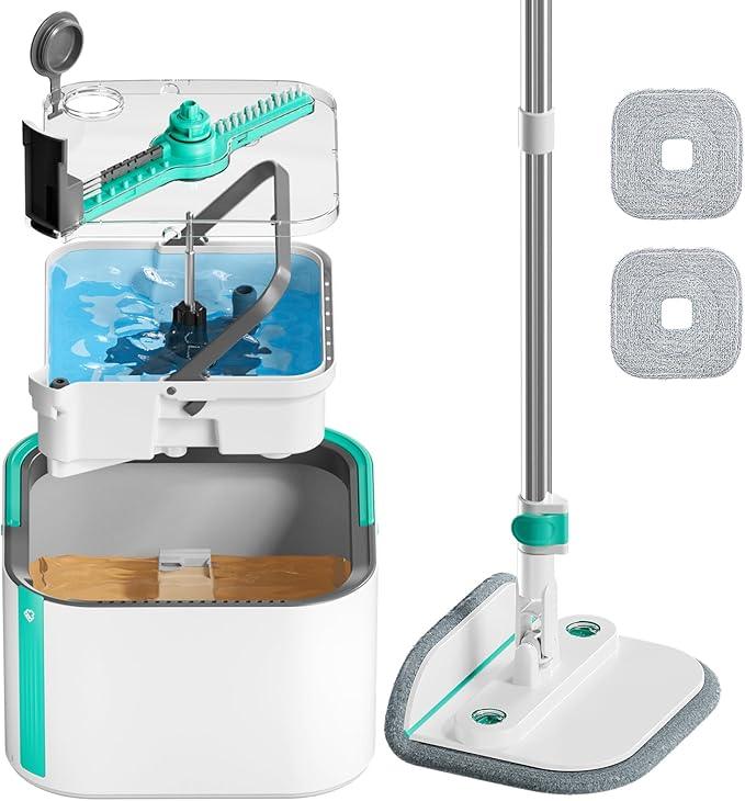 Upgraded Self-Standing Spin Mop and Bucket System, Detachable Inner Mop Bucket Separates Dirty Water & 90° Foldable Head, Triple-Scrub System, 0.9Gal Dual Drainage, for Hardwood Floors (Blue 2 Pads) - NeatNest