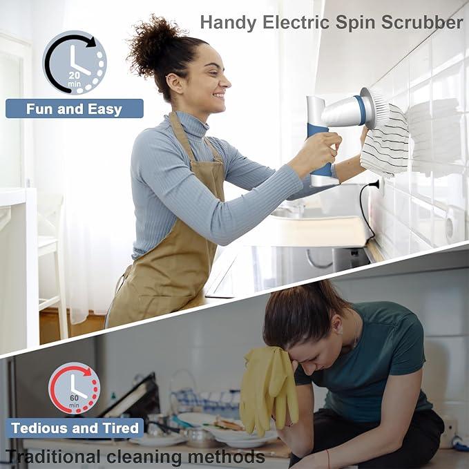 Electric Spin Scrubber, IEZFIX Electric Cleaning Brush Bathroom Shower Scrubbing Cleaner Brush Power Scrubber Cordless with 4 Replaceable Brush Heads for Bathtub, Tile, Floor, Toilet, Kitchen - Blue - NeatNest