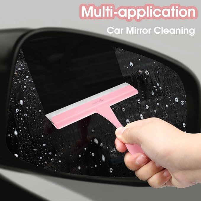 5" Silicone Shower Squeegee for Glass Doors & Car Windows - Small & Mini Size Streak-Free Cleaner, Bathroom, Mirror, Tile Scraper - Compact Pink with Hanging Hole, Kitchen Safe Water Blade - NeatNest