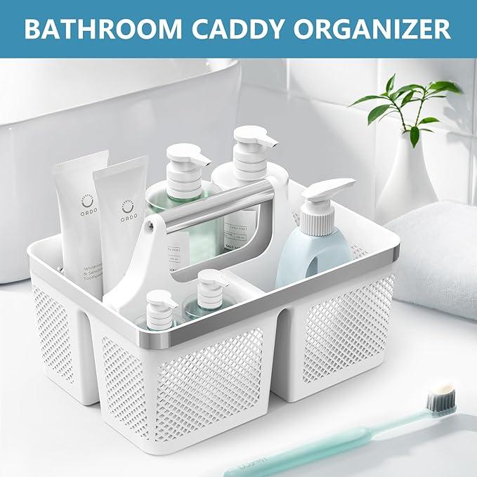 Plastic Shower Caddy Dorm: Portable Bathroom Caddy Organizer with Handle and Holes, Cleaning Basket, Hard Shower Basket Storage Tote for Toiletry, College Dorm Room Essentials White/Silver - NeatNest