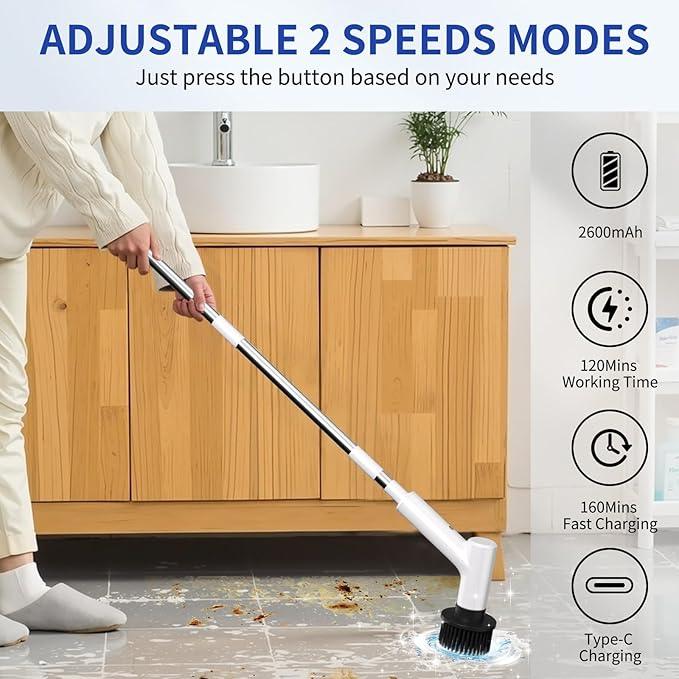 Electric Spin Scrubber, Cordless Shower Scrubber with 7 Replacement Brush Heads, IPX5 Waterproof Bathroom Scrubber with Adjustable Handle, 2 Speed Power Cleaning Brush for Cleaning - NeatNest