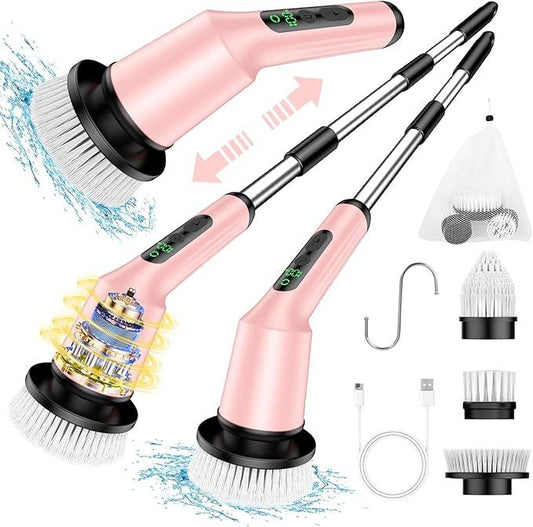Electric Spin Scrubber for Cleaning Bathroom, Shower Scrubber Cordless Cleaning Brush with IPX7 Waterproof & 2 Speed, 3 Brush Heads, Bathroom Cleaning Supplies for Shower Tub Kitchen Tile Toilet Pink - NeatNest