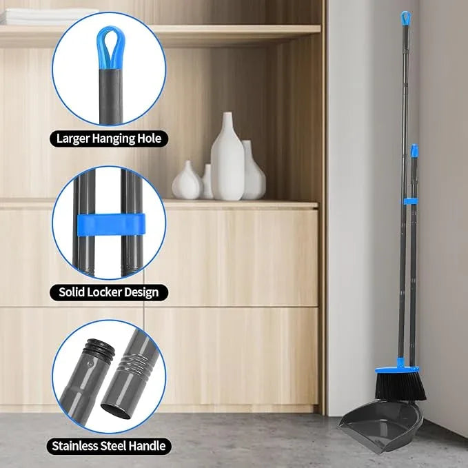 Broom and Dustpan Set ，Long Handle Broom with Upright Standing Dust pan for Indoor Outdoor Home Kitchen Office Floor Cleaning - NeatNest