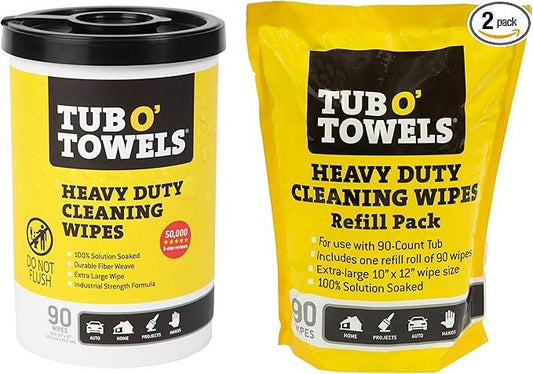 Tub O' Towels Heavy Duty, 10" x 12", Multi-Surface Cleaning Wipes, 90-Count Canister & Refill Pack, White - NeatNest