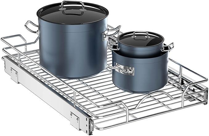 OCG Pull Out Cabinet Organizer (12" W x21 D), Pull out Shelves for Kitchen Cabinets, Slide Out Drawers for Base Cabinet Organization in Kitchen Bathroom Pantry, Bottom Mount, Chrome Finish - NeatNest