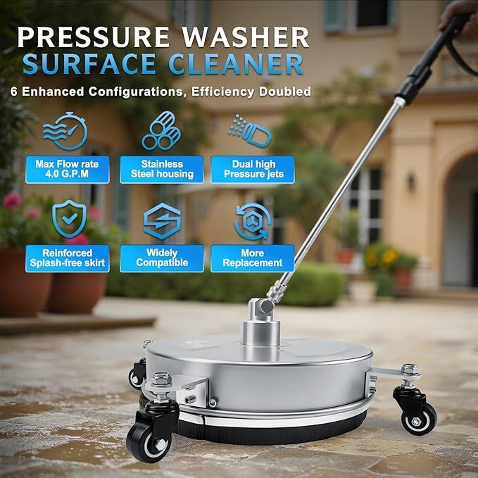 RAYNEL 14'' Pressure Washer Surface Cleaner with 4 Wheels, Stainless Steel Housing, 1/4" Quick Plug, 2 Extended Wands, 2 Replacement Nozzles - NeatNest