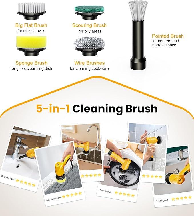 qimedo Battery Electric Spin Scrubber Q4, 800RPM Handheld Scrubber for Cleaning with Display, Power Dish Scrubber with 5 Heads, Shower Cordless Cleaning Brush for Bathroom/Sink/Window - NeatNest