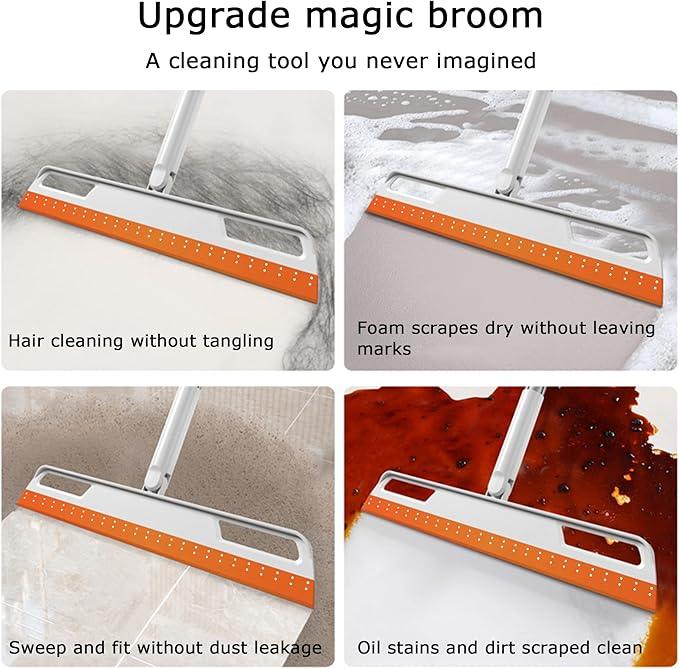 Multifunction Magic Broom, Silicone Floor Squeegee, Air Broom, Rubber Squeegee with 56" Long Handle, Floor Scraping Sweeper Wiper for Bathroom Shower Kitchen Pet Hair Fur Marble Tile Glass (Orange) - NeatNest