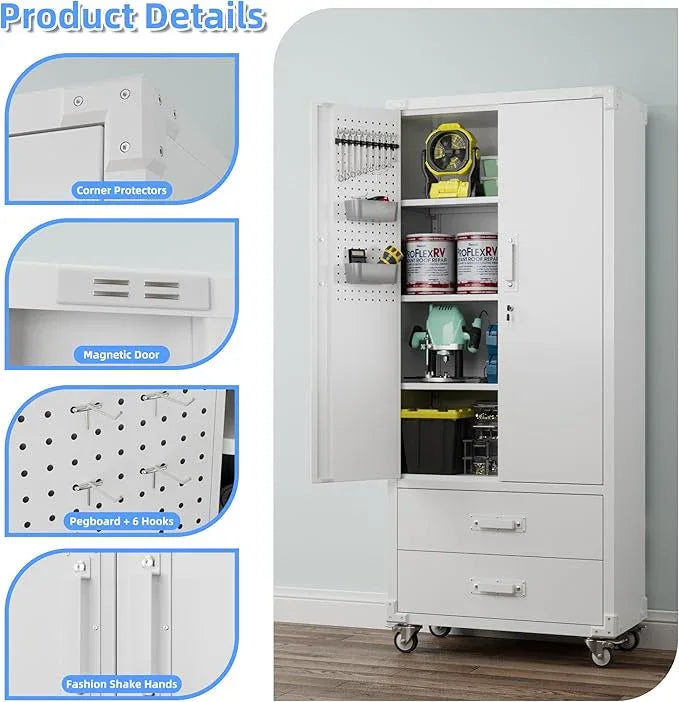 SUXXAN Rolling Storage Cabinet with 2 Doors and 2 Drawers, Heavy Duty Metal Storage Cabinet with Shelves, Locking Steel Cabinet for Warehouse, Home, Office (White) - NeatNest