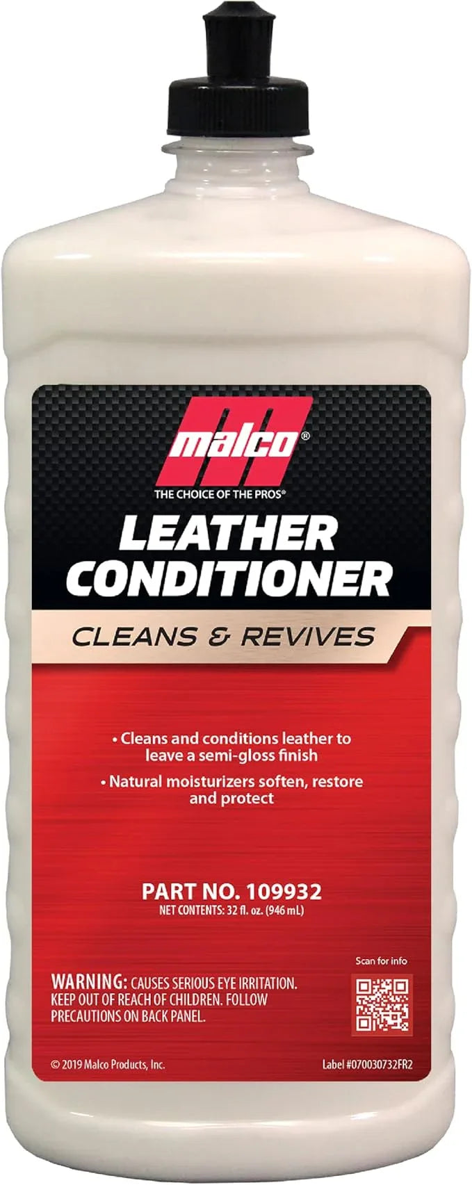 Malco Leather Conditioner for Cars - Cleans and Conditions Automotive Seats & Surfaces/Natural Moisturizers Soften, Restore and Protect Leather Interiors / 32 Oz (109932) - NeatNest