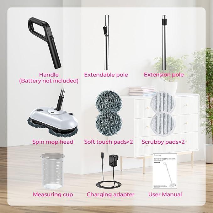 ScrubWiz Cordless Electric Spin Mop with Water Sprayer, Self-Propelled Floor Cleaner for Hardwood & Tile, Quiet Cleaning, Adjustable Handle, 2500mAh Long-Lasting Battery, 300ml Tank, Snow White - NeatNest