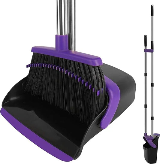 Broom and Dustpan Set, Large Household Dustpans and Broom with 55 Inch Long Handle, Pueple Broom with Dustpan Combo Set for Home - NeatNest