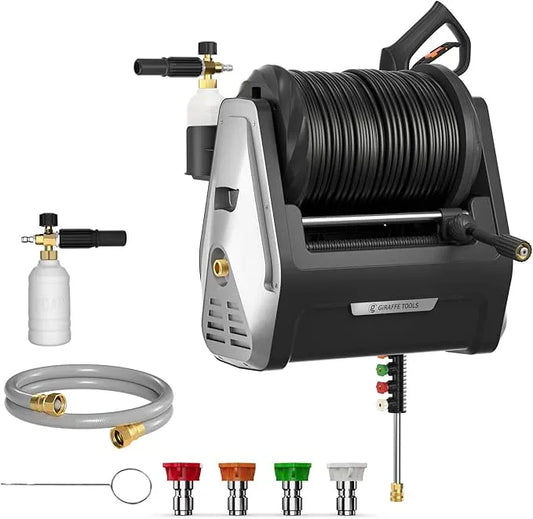 Giraffe Tools Wall Mounted Pressure Washer G30 with Upgraded 1800W Motor, Max 2900 PSI, 2.2 GPM Electric Power Washer with 100ft Retractable Black Pressure Hose, Automatic Rewind, Light Silver - NeatNest