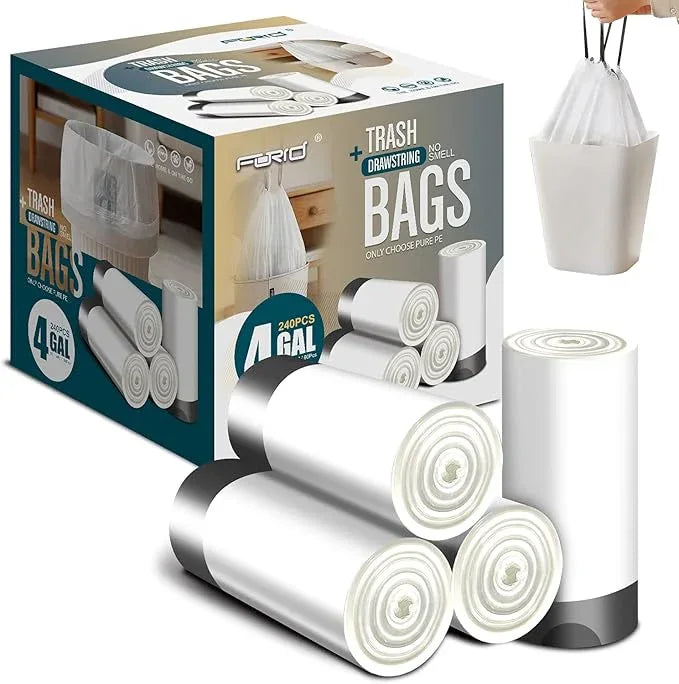 FORID Small Drawstring Trash Bags - 4 Gallon Plastic Garbage Bags 240 Counts White Trash Can Liners 15 Liter for Bathroom Restroom Bedroom Office Toilet - Durable & Thick Trash Bag - NeatNest