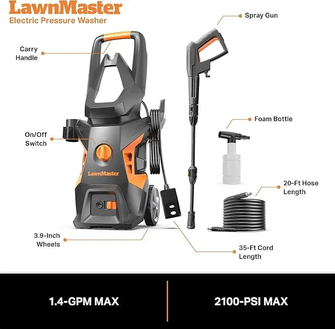 LawnMaster LT306-1800C Electric Pressure Washer 13 Amp 1.4 GPM 2100 Max PSI with Foam Bottle CSA Certified - NeatNest
