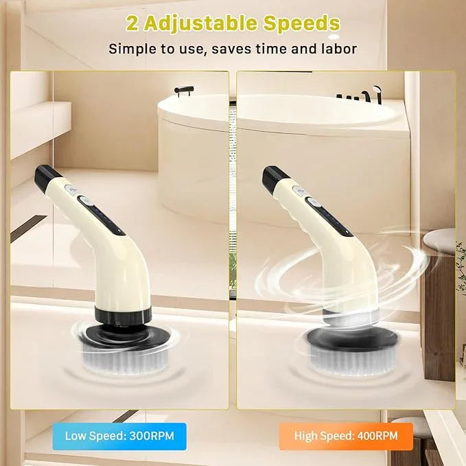 Electric Spin Scrubber, Cordless Cleaning Brush, Shower Scrubber with 7 Replaceable Brush, 2 Speeds and Adjustable Extension Handle for Bathroom Shower Bathtub Glass Car(Beige) - NeatNest