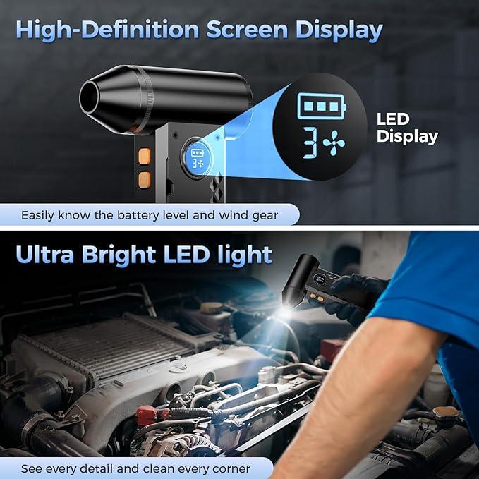 Compressed Air Duster, 150000RPM Electric Air Duster with LED Display & Light, 4 Gear Adjustable Cordless Air Blower, Rechargeable Brushless Motor Turbo Fan for Keyboard, Electronic Devices, Home, Car - NeatNest
