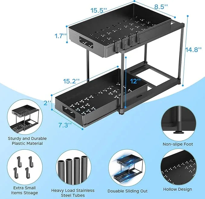 Under Sink Organizers and Storage, 2 Pack Large Capacity Heavy Load Double Pull-out Under Sink Shelves with Sliding Drawer for Kitchen and Bathroom, Black - NeatNest