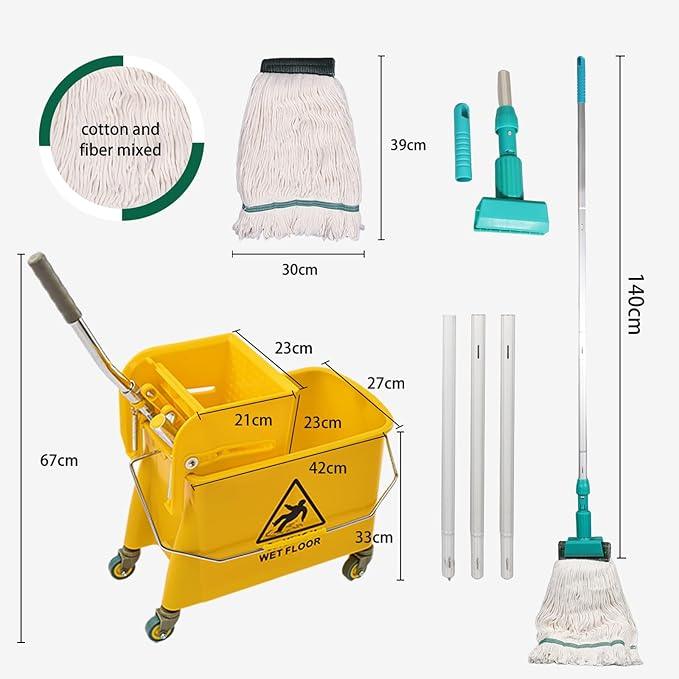 22 Qt (5.5 Gallon) Mop Bucket with Wringer for Floor Cleaning, Handle, Wheels, 16.5" L x 10.6" W x 26.4" H, Yellow,Add One Loop-end String Mop - NeatNest