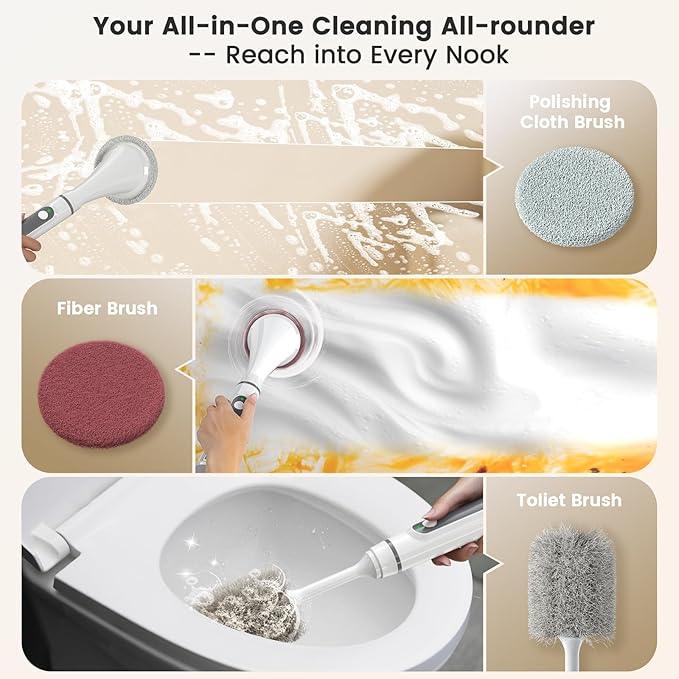 Electric Spin Scrubber Brush - Rechargeable Cordless Cleaning Brush with Full-Body IPX7 Waterproof, 6 Interchangeable Heads & 2-Speed Modes for Bathroom, Kitchen, Tile - NeatNest