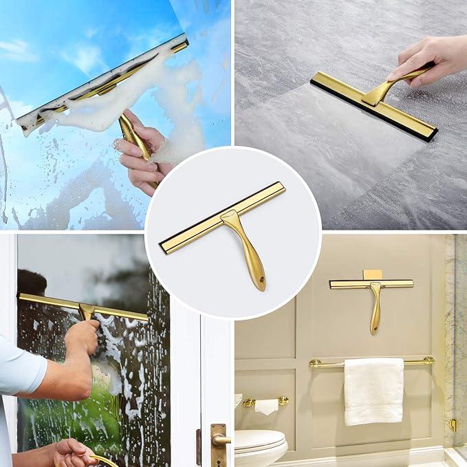 HIWARE All-Purpose Shower Squeegee for Shower Doors, Bathroom, Window and Car Glass - Brass, Stainless Steel, 10 Inches - NeatNest