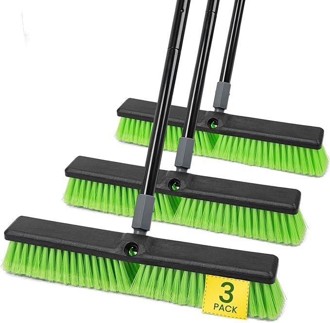 3 Pack 18” Push Broom Outdoor Heavy Duty, Garage Shop Broom with 59.5" Long Bandle for Cleaning Outdoor or Indoor Tile, Garage, Shop, Deck, Concrete, Wood, Stone, Patio Floor, with Soft Bristles - NeatNest