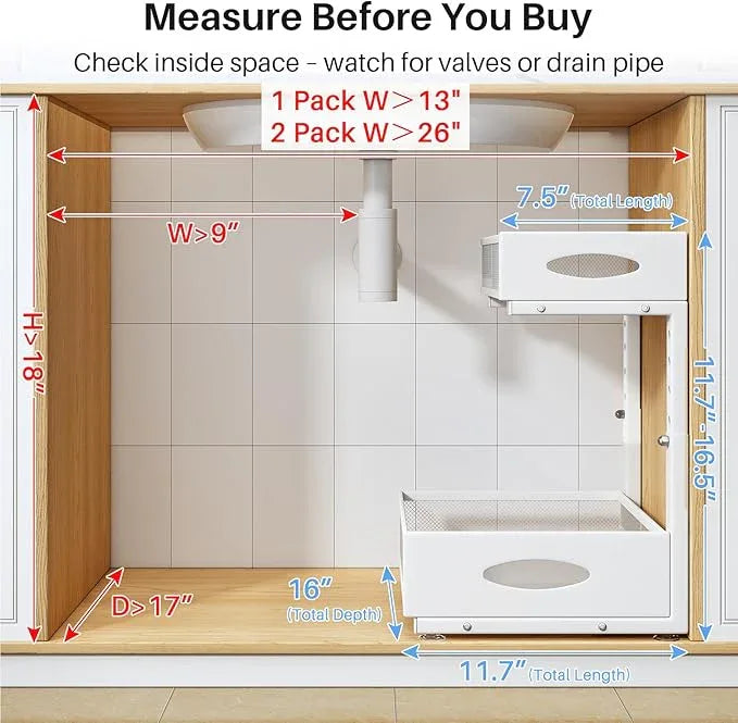 Under Sink Organizer, 2 Pack 2 Tier Pull Out Under Cabinet Organizer Shelf with Pad for Framed Cabinets, Metal Slide Out Under Sink Storage, Mesh Sliding Drawers for Kitchen Bathroom Laundry, White - NeatNest