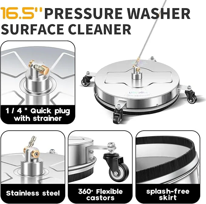 16.5" Pressure Washer Surface Cleaner with 4 Wheels - Stainless Steel Surface Cleaner for Pressure Washer Attachment for Concrete, Driveway, Patio, Sidewalk, Deck and Daily Washing - PWS16.5 - NeatNest
