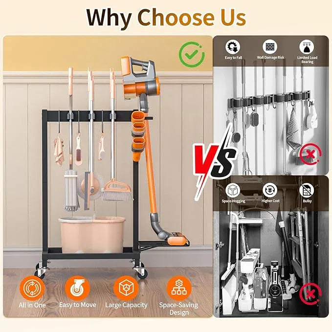 Broom Holder with Cleaning Supplies Organizer Load 160 LBS Cleaning Cart with Wheels Broom Closet Storage with 6 Mop Hanger Grippers, 3 Double-Hooks, Vacuum Stand for Laundry Garage Organization - NeatNest