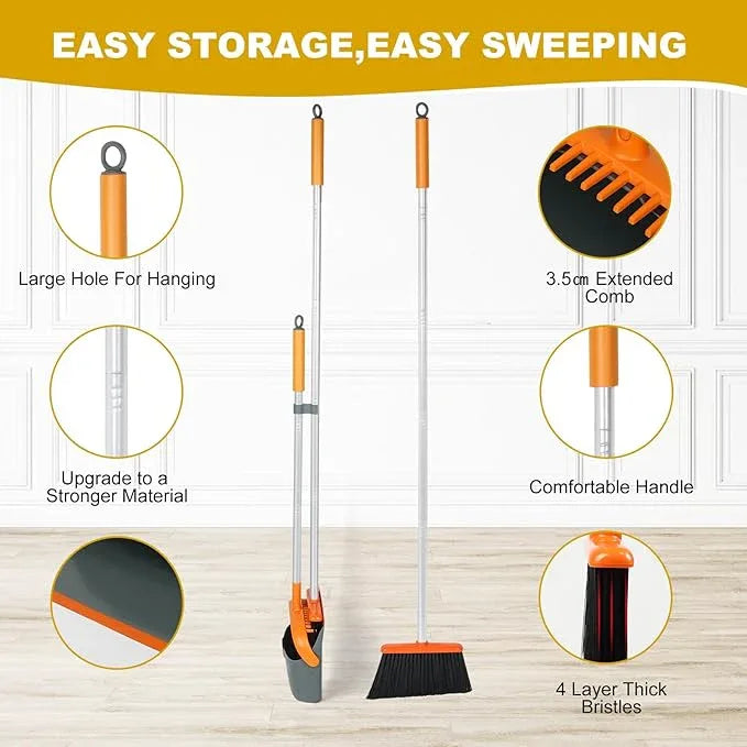 Broom and Dustpan Set with 54 Inch Long Handle - Perfect Dust Pan and Brush Combo for Home Efficient Cleaning (Orange and Grey) - NeatNest