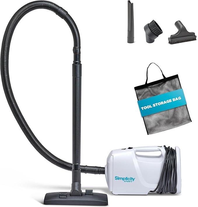 Simplicity Vacuums Sport Small Canister Vacuum Cleaner for Stairs with Carry Strap, Hard Floor Vacuum with Attachments and Storage Bag, Compact RV Vacuum Cleaner, White, S100.6 - NeatNest
