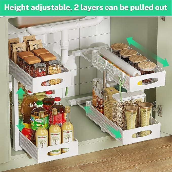 Under Sink Organizer, 2-Tier Pull Out Cabinet Organizer with Adjustable Height, Use in Kitchen Bathroom Cabinet and Countertop Storage, White - NeatNest