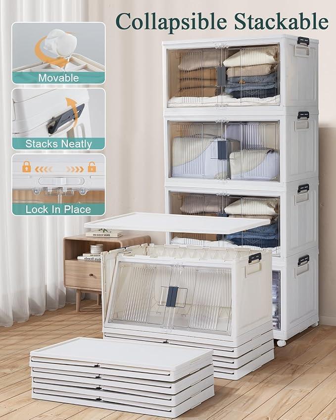 OlarHike 97QT Stackable Storage Bins with Lids - Folding Storage Box with Doors and Wheels, Collapsible Plastic Storage Drawers for Closets, 5 Pack Cubes - NeatNest