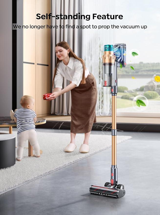Cordless Vacuum Cleaner, 600W 50KPA 65 Mins Runtime Self-Standing Vacuum Cleaners for Home, Stick Vacuum with Charging Dock Station Removable Battery, Handheld Vacuum for Pet Hair/Carpet/Floor - NeatNest