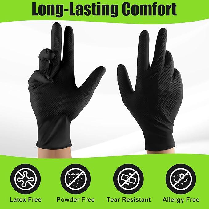 TREEGO 10 Mil Black Nitrile Gloves Heavy Duty — Raised Diamond Texture Grip, Latex Free Disposable Mechanic Work Gloves, Large, 100 Count - NeatNest
