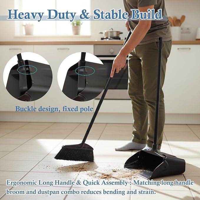 Primero Basics Broom and Dustpan Set with Long Handle and Wheels, Upright Standing Heavy Duty Large Dust Pan and Broom Combo for Indoor Outdoor, Kitchen, Garage, Restaurant Cleaning – Black - NeatNest