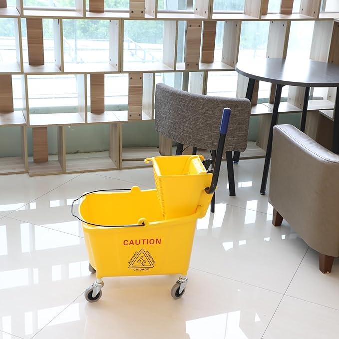 Commercial Mop Bucket with Side Press Wringer on Wheels, 35Qt,Yellow Including One Commercial Mop - NeatNest